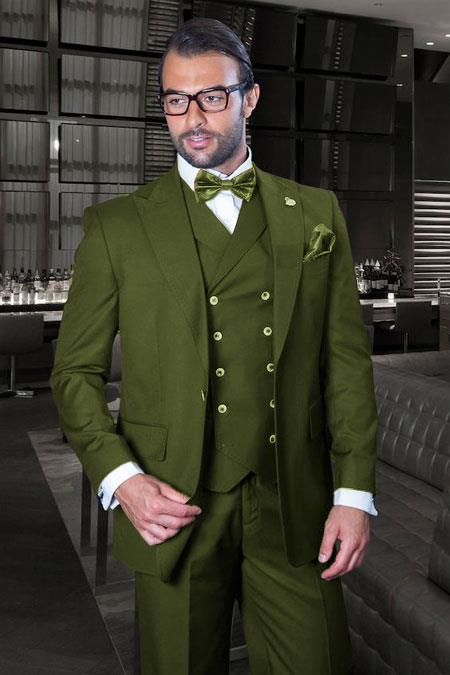 Classic Fit Suit - One Button with Double Breasted Vest Super 150s Suit - Olive Green