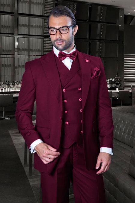 Classic Fit Suit - One Button with Double Breasted Vest Super 150s Wool Suit - Burgundy Color