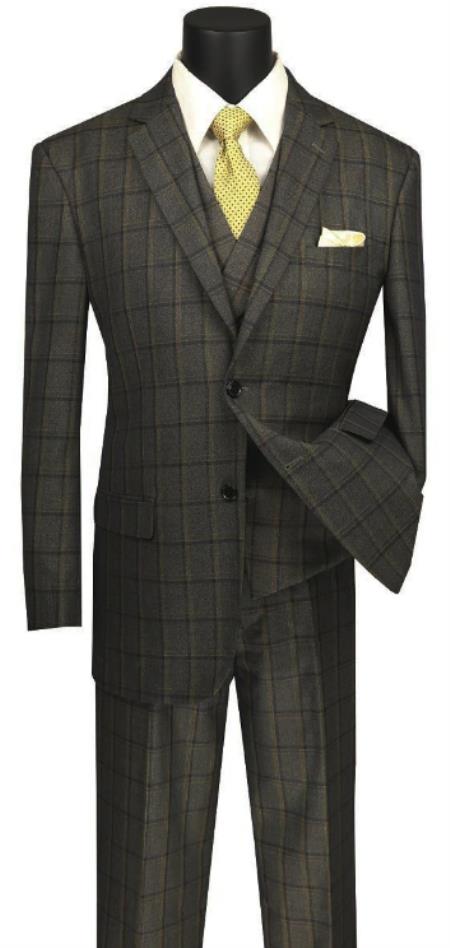 Mens Windowpane Suit 3 Piece in Brownish Olive