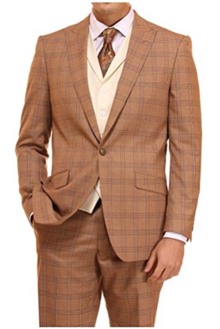 Mens Suit 3 Piece Plaid and Pinstripe Suit Beige