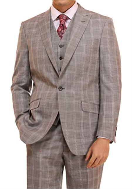 Mens Suit 3 Piece Plaid and Pinstripe Suit Grey Glen
