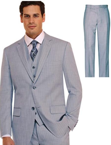 Mens Suit 3 Piece Plaid and Pinstripe Suit Blue ~ Sky