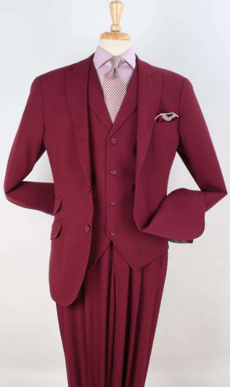 Mens Suit - Classic Fit Suit - Pleated Pants - Peak Lapel Vested 3 Piece Suit