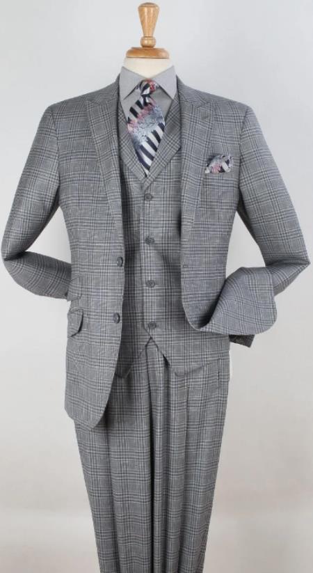 Mens Suit -  100% wool - Classic Fit Suit - Pleated Pants - Peak Lapel Vested 3 Piece Suit
