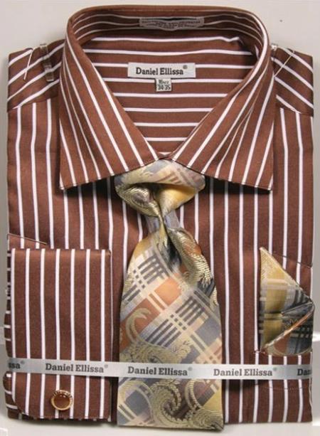 Mens Regular Fit French Cuff Shirt Set Bold Stripe Brown - Striped Dress Shirt - Mens Pinstripe Dress Shirt