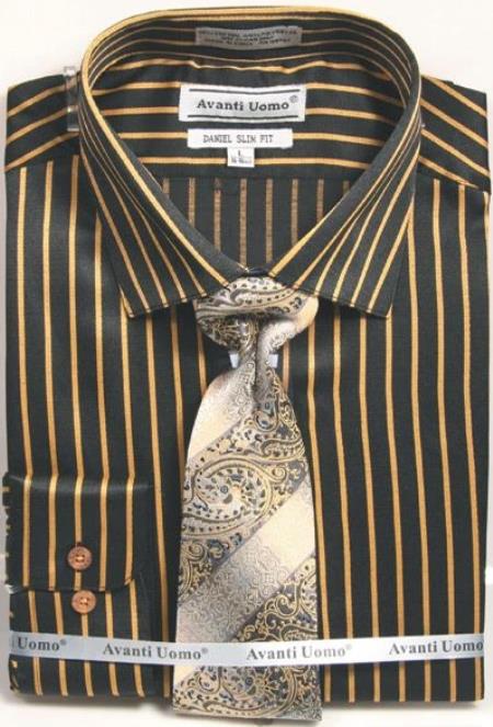 Mens Slim Fit Stripe Shirt with Tie and Handkerchief in Black ~ Mustard - Striped Dress Shirt - Mens Pinstripe Dress Shirt