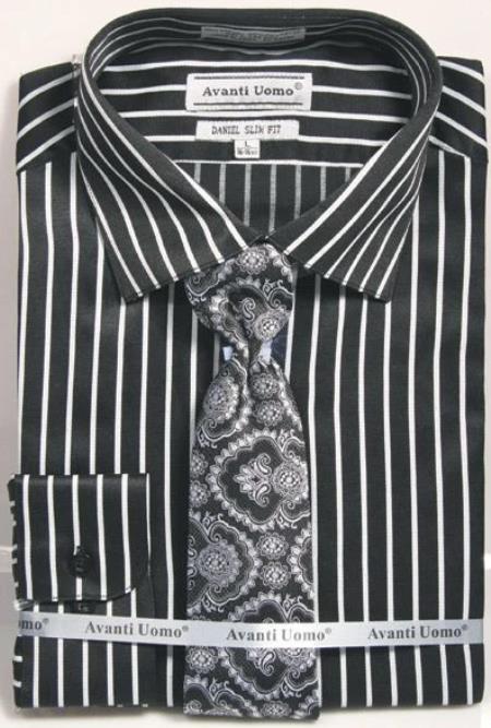 Mens Slim Fit Stripe Shirt with Tie and Handkerchief in Black ~ Silver