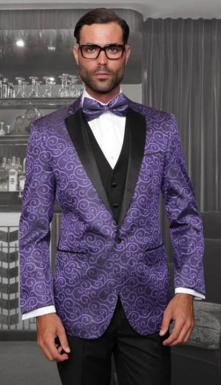 Mens One Button Notch Lapel Texture Pattern Purple Suit