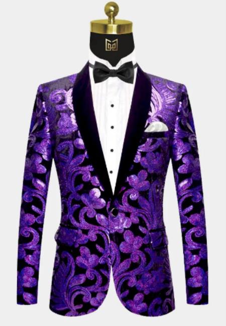 Men One Button Black and Purple Velvet Tuxedo Jacket with Se