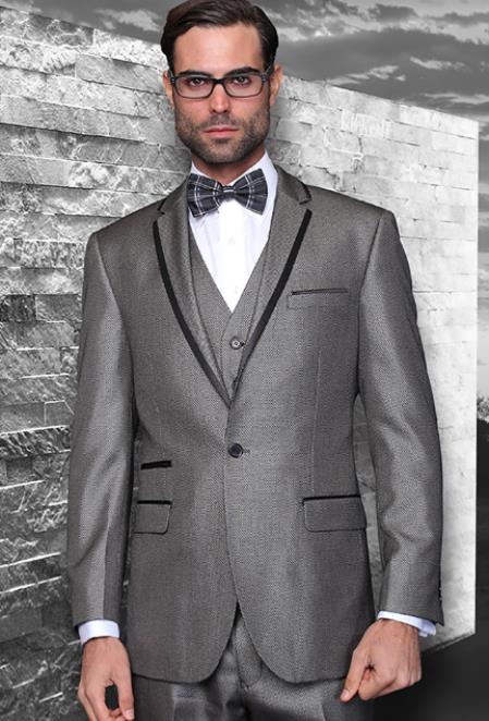 Silver 3Pc Tuxedo Suit,Tailored Fit Flat Front Pants By Alberto Nardoni Brand Designer