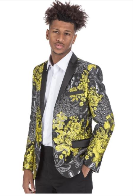 Mens Yellow Tuxedo Suit - Floral Fancy Prom Suit With Pants and Bowtie