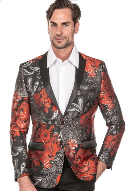 Mens Red Tuxedo Suit - Floral Fancy Prom Suit With Pants and Matching Bowtie