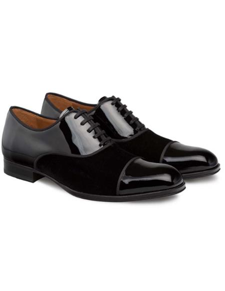 Mezlan Pio Black Patent Leather and Velvet Distinct Cap Toe Formal Lace Up Shoe