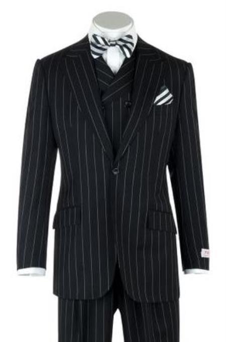 Mens Urban Black Stripe Suit - Double Breasted Vest Pleated Pants