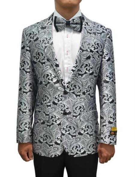 Silver Gray and Black Tuxedo Suit Jacket and Pants With Matching Bowtie - Paisley Suit - Grey Tuxedo