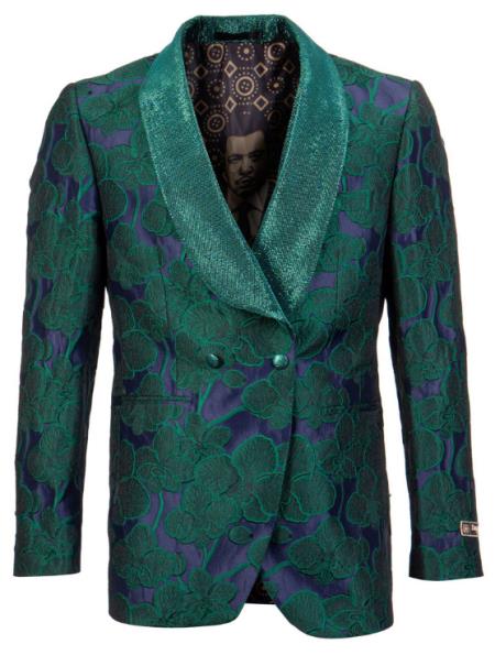Mens Green Tuxedo Jacket with Floral Pattern Shawl Lapel Double Breasted - Blazer
