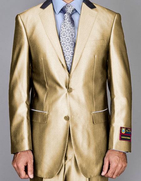 Mens Shiny Two Buttons Suits Flat Front Pants Gold