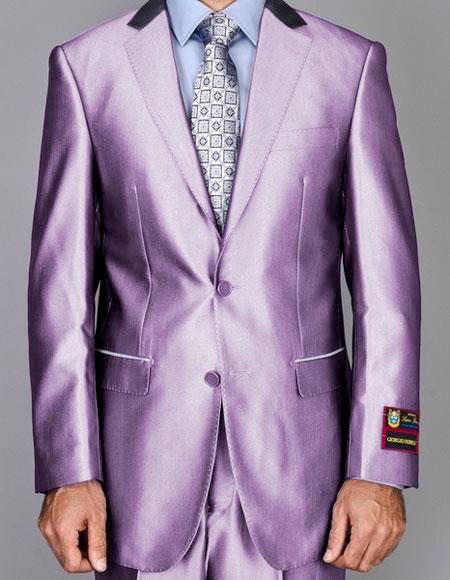 Mens Shiny Two Buttons Suits Flat Front Pants Lavender