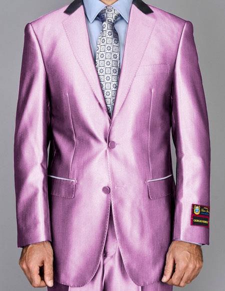 Mens Shiny Two Buttons Suits Flat Front Pants Pink