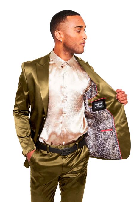 Mens Two Buttons Peak Lapel Slim- Fit Suit Gold