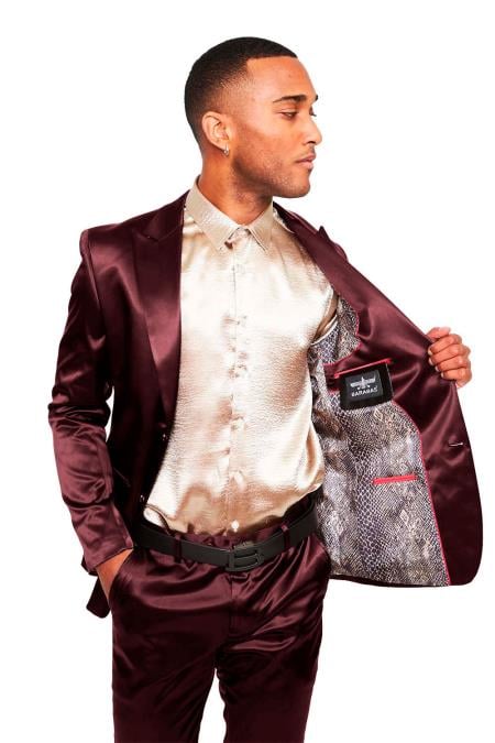 Mens Two Buttons Peak Lapel Suit Red ~ Burgundy