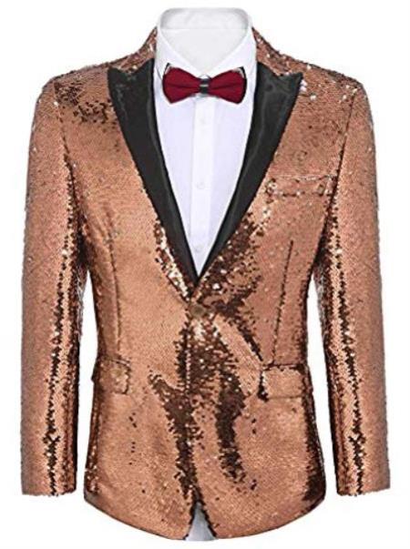 Mens Big and Tall Sequin Blazer - Shiny Fancy Sport Coat + Matching Bowtie + Rose Gold Tuxedo