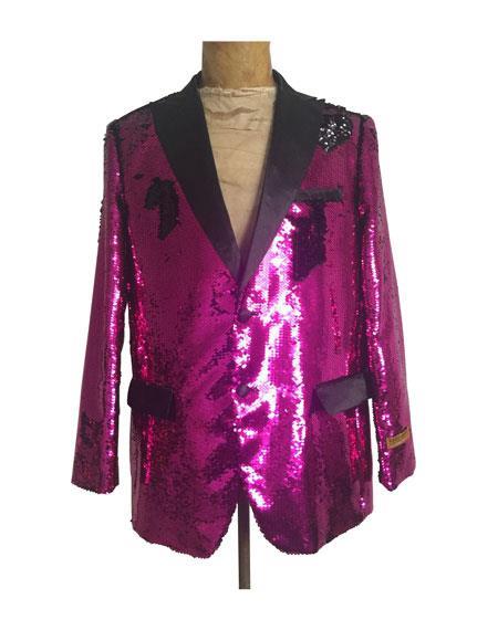 Mens Big and Tall Sequin Blazer - Shiny Fancy Sport Coat + Matching Bowtie + Hot Pink Tuxedo
