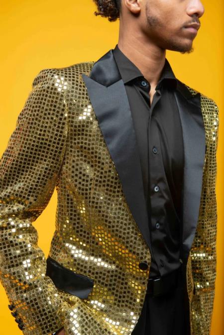 Style#-B6362 Mens Big and Tall Sequin Blazer - Shiny Fancy Sport Coat + Matching Bowtie + Gold Tuxedo