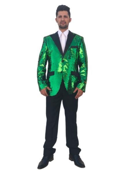 Mens Big and Tall Sequin Blazer - Shiny Fancy Sport Coat + Matching Bowtie + Green Tuxedo