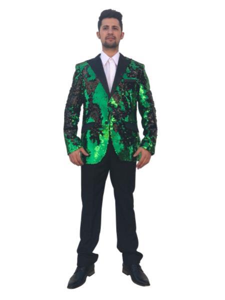 Mens Big and Tall Sequin Blazer - Shiny Fancy Sport Coat + Matching Bowtie + Green ~ Black Tuxedo