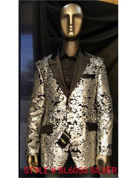 Mens Big and Tall Sequin Blazer - Shiny Fancy Sport Coat + Matching Bowtie + Silver Tuxedo