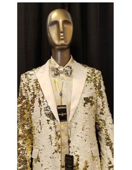 Mens Big and Tall Sequin Blazer - Shiny Fancy Sport Coat + Matching Bowtie + White ~ Gold Tuxedo