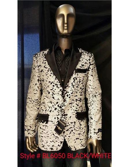 Mens Big and Tall Sequin Blazer - Shiny Fancy Sport Coat + Matching Bowtie + Black ~ White Tuxedo