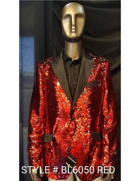 Mens Big and Tall Sequin Blazer - Shiny Fancy Sport Coat + Matching Bowtie + Red Tuxedo