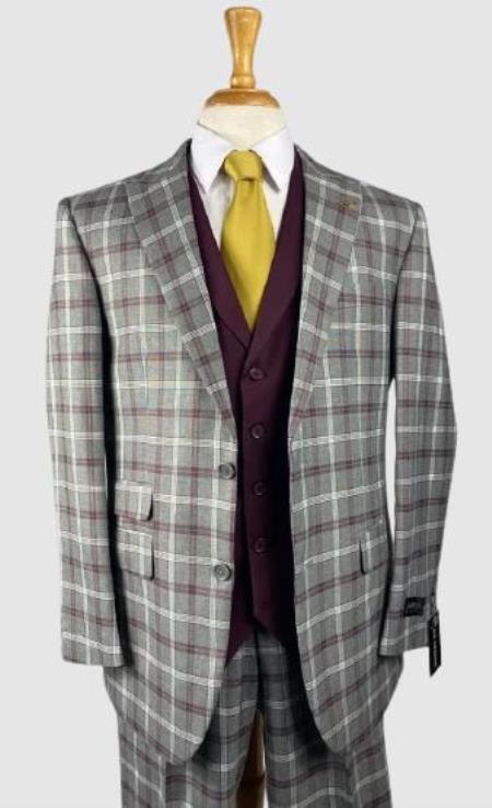 Plaid Suits - Peak Lapel 1920s Lapeled Vest Flat Front Pants Two Button Suits Charcoal ~ Burgundy ~ Grey