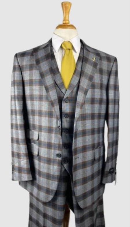 Plaid Suits - Peak Lapel 1920s Lapeled Vest Flat Front Pants Two Button Suits Charcoal ~ Brown ~ Grey