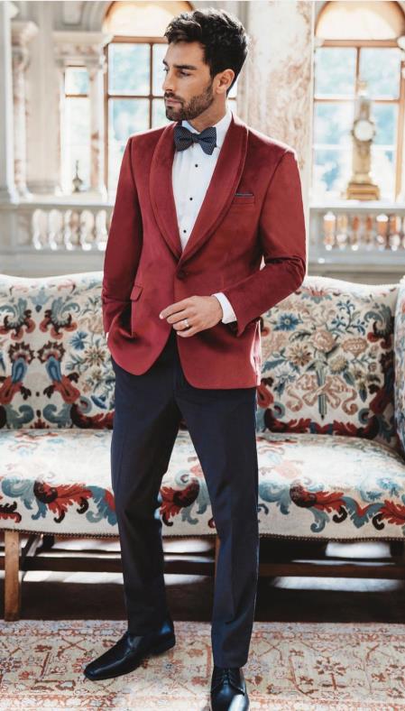 Mens Velvet Dinner Jacket - Mens Tuxedo Blazer With Trim Shawl Collar Red