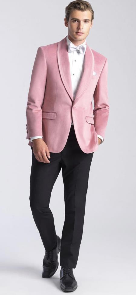 Style#-B6362 Mens Velvet Dinner Jacket - Mens Tuxedo Blazer With Trim Shawl Collar Pink