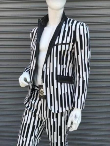Black and White Gangster Stripe - Piana Pinstripe Pattern Suit With Matching Bowtie