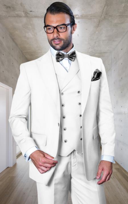White Suit - 100% Wool Classic Fit With Double Breasted Vest - Pleated Pants Classic Fit