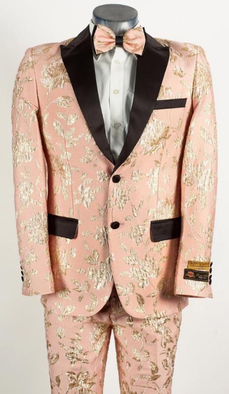Style#-B6362 Mens Flower Suit - Floral Suit Mens 2 Button Peak Lapel Light Baby Pink and Gold Tuxedo