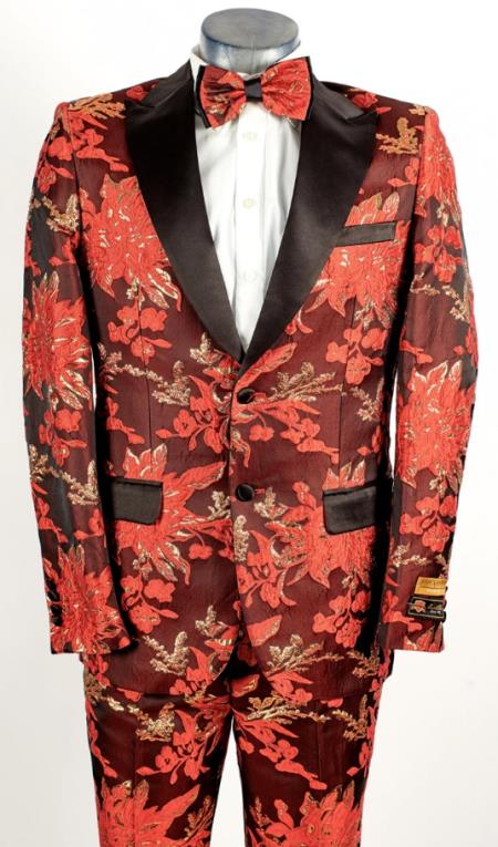 Style#-B6362 Mens Flower Suit - Floral Suit Mens 2 Button Peak Lapel Red Tuxedo