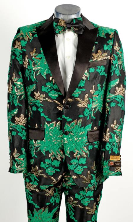 Mens Flower Suit - Floral Suit Mens 2 Button Peak Lapel Green Tuxedo