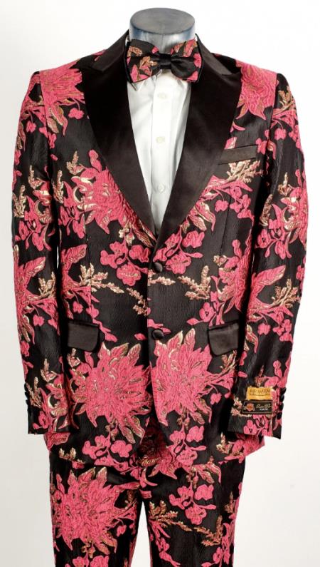 Style#-B6362 Mens Flower Suit - Floral Suit Mens 2 Button Peak Lapel Hot Pink Fuschia Tuxedo