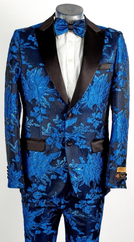 Mens Flower Suit - Floral Suit Mens 2 Button Peak Lapel Royal Blue Tuxedo