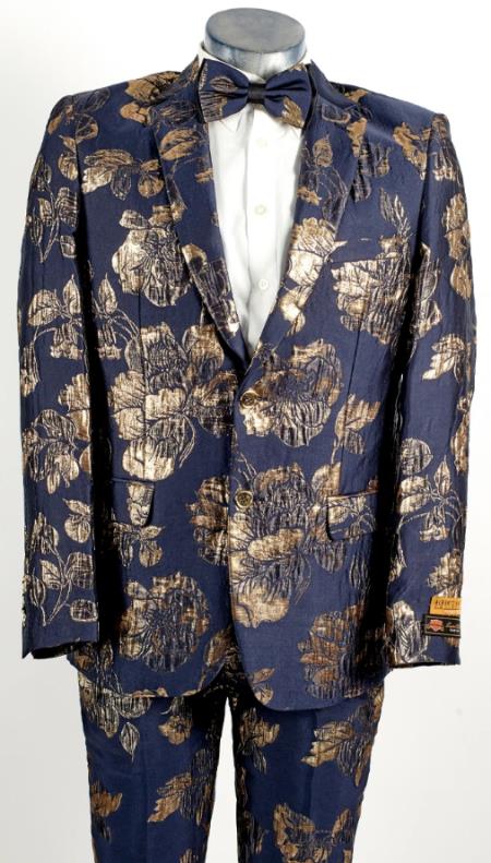 Mens Flower Suit - Floral Suit Mens 2 Button Peak Lapel Navy Blue and Gold Tuxedo
