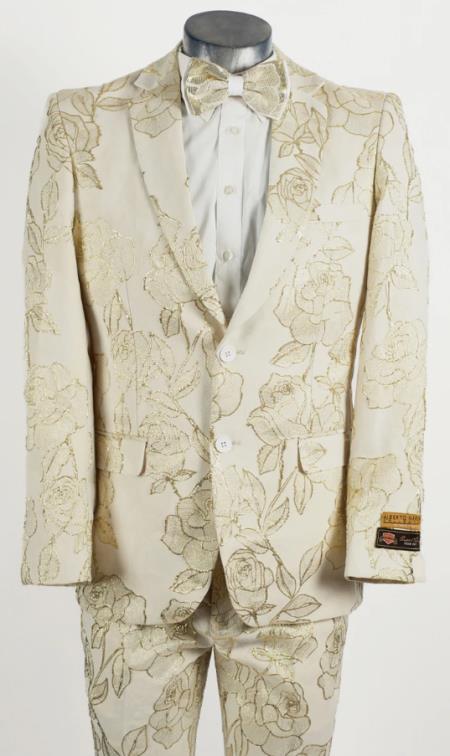 Mens Flower Suit - Floral Suit Mens 2 Button Peak Lapel Ivory and Gold Tuxedo