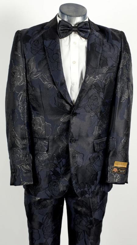 Mens Flower Suit - Floral Suit Mens 2 Button Peak Lapel Black and Navy Tuxedo