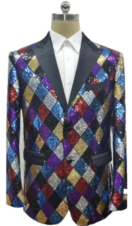 Mens Square Pattern Multi Color Rainbow Sequin Blazer