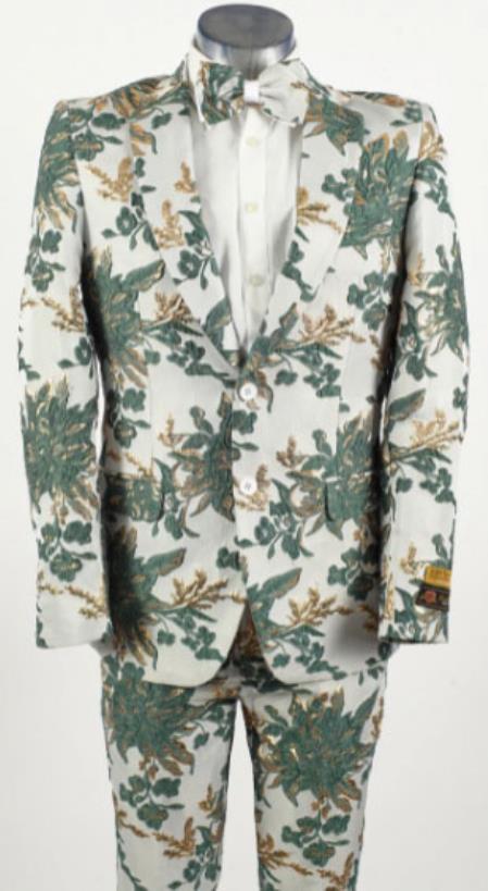 Mens Hunter Green ~ White 2 Button Floral Paisley Prom and Wedding Tuxedo